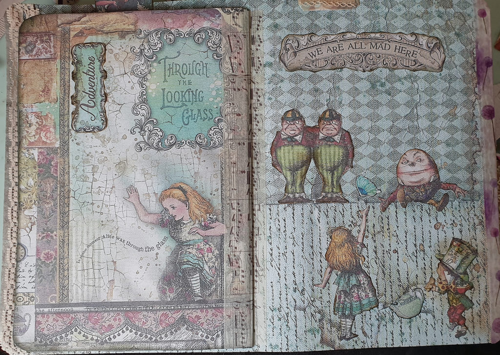 'Alice' spread with cut-outs of Tweedledum & Tweedledee, Humpty-Dumpty, the Mad Hatter, and Alice.